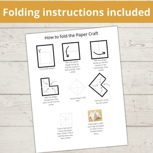 May include: Black and white printable instructions for folding a paper craft. The instructions show a series of steps with illustrations of how to fold a square piece of paper into a 3D shape. The final step shows a finished origami Easter basket.
