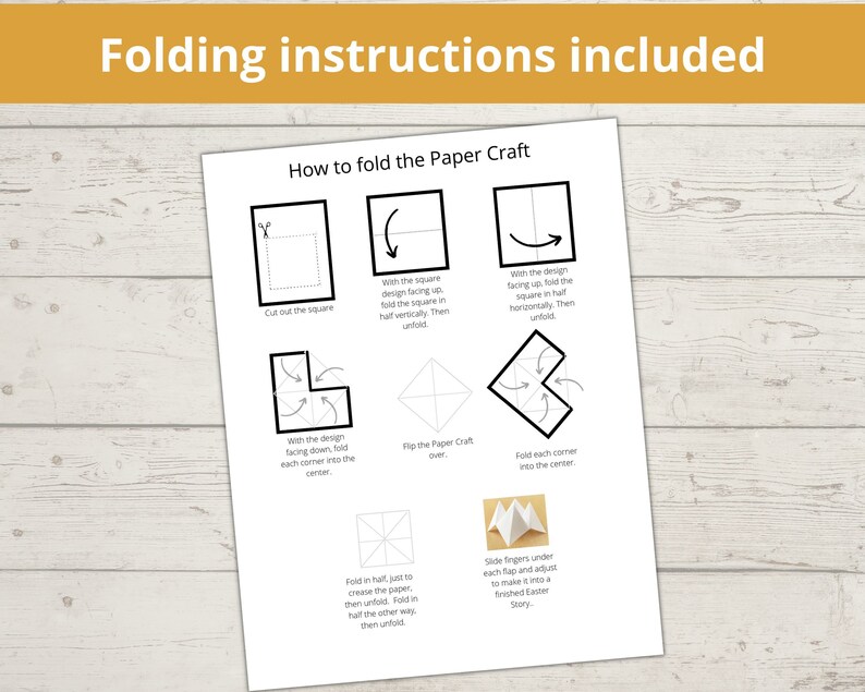May include: Black and white printable instructions for folding a paper craft. The instructions show a series of steps with illustrations of how to fold a square piece of paper into a 3D shape. The final step shows a finished origami Easter basket.