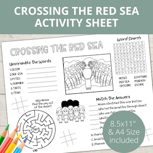 May include: Black and white printable activity sheet for kids featuring a word search, maze, and matching game about the story of Moses parting the Red Sea. The sheet includes the text "Crossing the Red Sea Activity Sheet".
