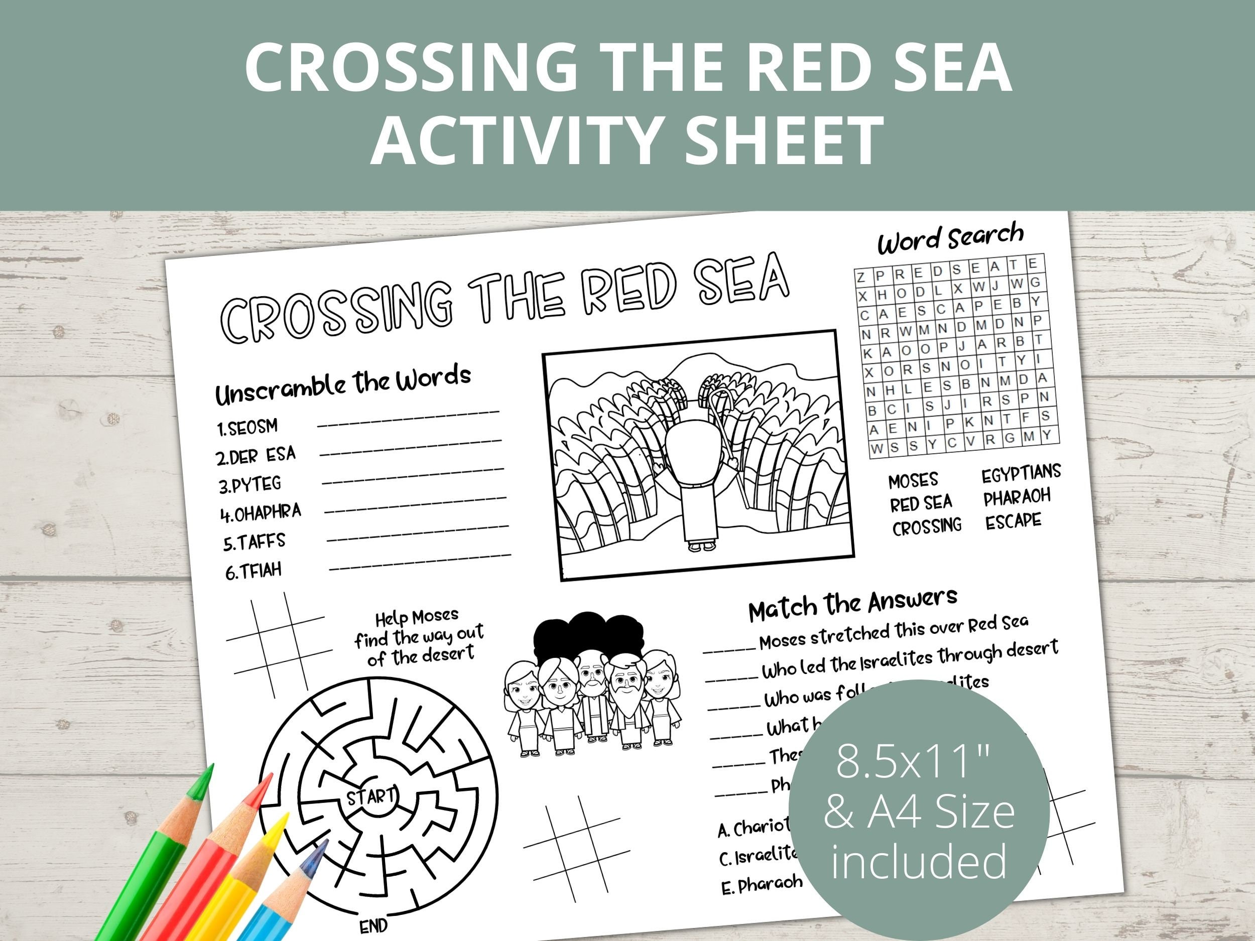 Crossing the Red Sea Craft, Moses and Red Sea, Church Kids Activity, Sunday School Activities, Bible activity, Bible Placemat, Word Search
