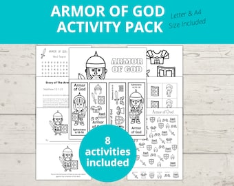 May include: Black and white printable activity pack for kids featuring the Armor of God theme. The pack includes 8 activities such as a word search, coloring pages, and a find the difference game. The text "Armor of God" is featured on several of the pages.