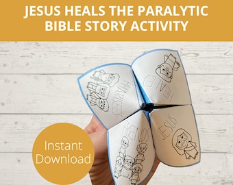 May include: A blue and white paper fortune teller with illustrations of people and the words "Jesus", "Friends", "Healed", and "Pharisees".