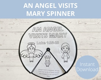 May include: A black and white spinner with the text "AN ANGEL VISITS MARY" and illustrations of an angel, Joseph, and Mary. The text "Luke 1:26-28" is also included. The words "Instant Download" are in a blue circle.