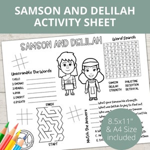 Samson and Delilah, Strength of Samson, Sunday School Activities, Strong Samson, Bible Placemat, Church Kids Activity, Activity Pages