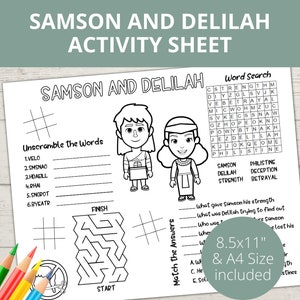 Samson and Delilah, Samson Bible Craft, Sunday School Activities, Bible Placemat, Church Kids Activity, Activity Pages, Homeschool activity