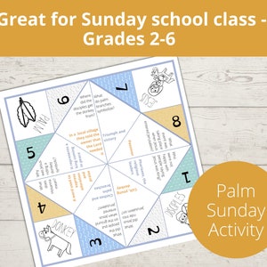 May include: A printable Palm Sunday activity for children in grades 2-6. The activity is a fold-and-play game with questions about the events of Palm Sunday. The game is illustrated with simple drawings of a donkey, palm branches, and Jesus.