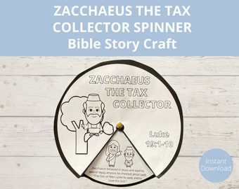 May include: Black and white printable craft for kids featuring a spinner with a picture of Zacchaeus, a tax collector, from the Bible story in Luke 19:1-10. The spinner has a section with the text "Zacchaeus the Tax Collector" and another section with the text "Luke 19:1-10".