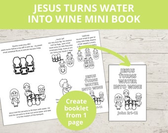 Puede incluir: Ilustración en blanco y negro de un libro para niños sobre la historia bíblica de Jesús convirtiendo el agua en vino. La portada del libro presenta una ilustración simple de Jesús y dos discípulos de pie junto a seis jarras de agua. El título del libro es "Jesús convierte el agua en vino" y la referencia bíblica "Juan 2:1-12" está impresa debajo del título.