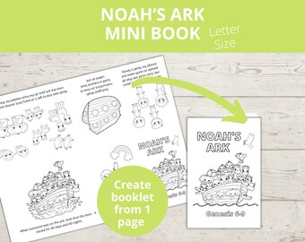 Puede incluir: Una página para colorear en blanco y negro con el Arca de Noé con animales a bordo. El texto "Noah's Ark" y "Genesis 6-9" es visible. La página forma parte de un folleto más grande que se puede crear a partir de una sola página.