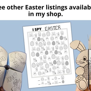 May include: Black and white printable Easter I Spy game with a grid of 36 images. The images include bunnies, chicks, eggs, and baskets. The game includes a section to count the number of each image.  The text "I SPY EASTER" is at the top of the page.