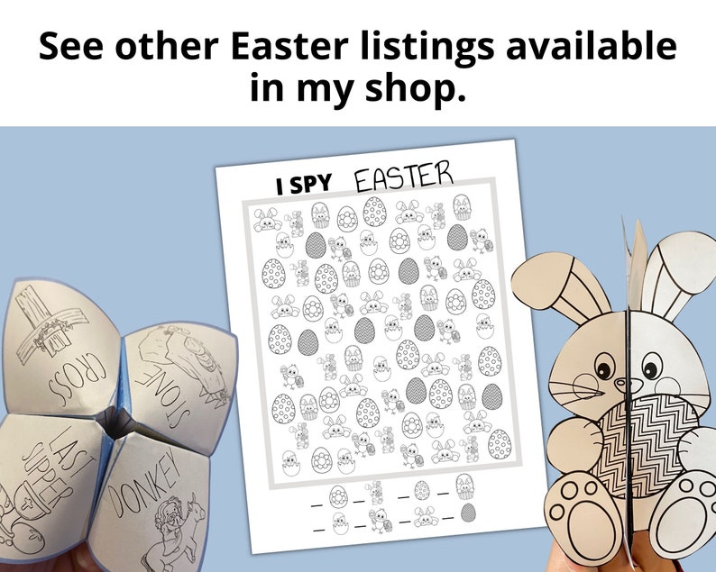 May include: Black and white printable Easter I Spy game with a grid of 36 images. The images include bunnies, chicks, eggs, and baskets. The game includes a section to count the number of each image.  The text "I SPY EASTER" is at the top of the page.