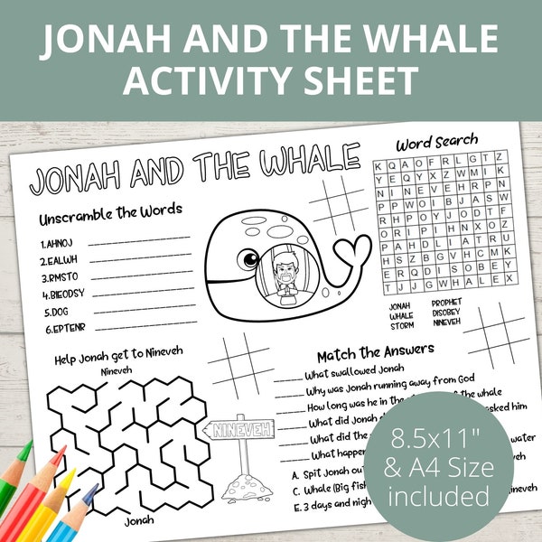 Jona und der Wal, Bibelaktivität, Aktivität für Kinder in der Kirche, Sonntagsschulaktivitäten, Bibel-Tischset, Aktivitätsseiten, Ninive