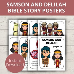 Samson and Delilah, Bible Story Lessons, Samson Bible Activities, Bible Crafts for Kids, Church Bulletin Board, Sunday School Posters