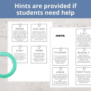 May include: A printable worksheet with hints for solving different types of puzzles. The puzzles include arrows, alpha count, extract, cipher, pictogram, L-W-L, missing X, atbash, and first place.