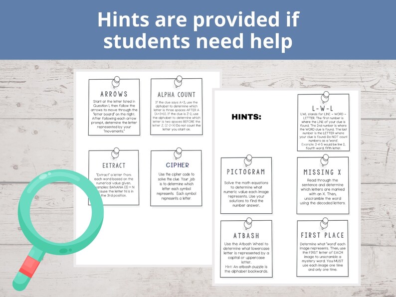 May include: A printable worksheet with hints for solving different types of puzzles. The puzzles include arrows, alpha count, extract, cipher, pictogram, L-W-L, missing X, atbash, and first place.