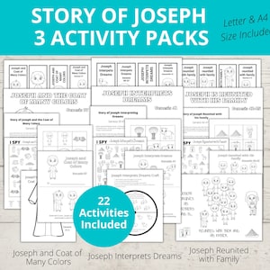 Story of Joseph Bible Story Activities, Sunday school Craft, Activity Pack, Joseph and his Brothers, ISpy, Word Search, Bookmarks, A4 Size