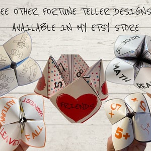 May include: Four fortune teller games with different themes. The first game has a cross, a stone, a donkey, and a last supper image. The second game has a heart, a number 5, a number 8, and a number 7. The third game has a math, reading, recess, and school image. The fourth game has a 5+, a 5+, a 10, and a 5+ image.