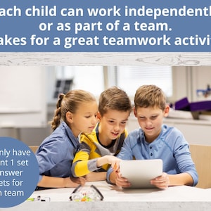May include: Three children, two boys and a girl, are working together on a tablet computer. They are sitting at a table in a classroom setting. The text on the screen is not visible. The caption above the image reads "Each child can work independently or as part of a team. Makes for a great teamwork activity."