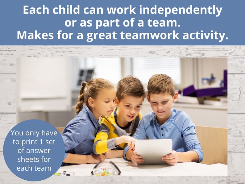 May include: Three children, two boys and a girl, are working together on a tablet computer. They are sitting at a table in a classroom setting. The text on the screen is not visible. The caption above the image reads "Each child can work independently or as part of a team. Makes for a great teamwork activity."