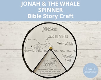 May include: Black and white printable spinner craft for kids featuring Jonah and the whale from the Bible story. The spinner has a whale, a ship, and the words "Jonah and the Whale" and "Jonah 1-3".
