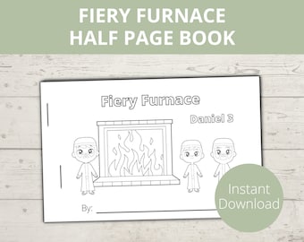 Puede incluir: Una página para colorear en blanco y negro con tres personas de pie frente a un horno ardiente. El título de la página es "Fiery Furnace" con el texto "Daniel 3" debajo. La página también incluye el texto "Descarga instantánea" y "Por:" con una línea en blanco para una firma.