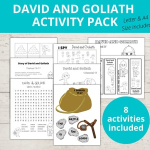David and Goliath Bible Story Activities, Sunday school Crafts, Activity Pack, ISpy, Bible Coloring Pages, Word Search, Bookmarks, VBS