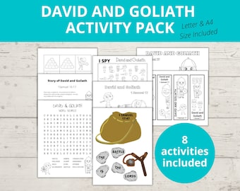 David and Goliath Bible Story Activities, Sunday school Crafts, Activity Pack, ISpy, Bible Coloring Pages, Word Search, Bookmarks, VBS
