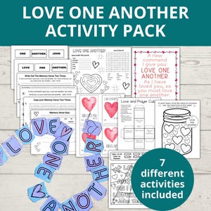 Puede incluir: Un paquete de actividades imprimibles para niños con el título "Love One Another Activity Pack". El paquete incluye siete actividades diferentes, como una búsqueda de palabras, un cuestionario de versículos memorizados y una página para colorear. Las actividades están todas basadas en el tema del amor y la bondad.
