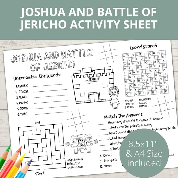Battle of Jericho, Bible activity, Joshua and Jericho, Church Kids Activity, Sunday School Activities, Bible Placemat, Activity Page