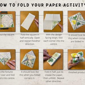 May include: A step-by-step guide on how to fold a paper fortune teller. The instructions are written in black text on a white background. The images show the different steps of folding the paper, starting with a square piece of paper and ending with a finished fortune teller.