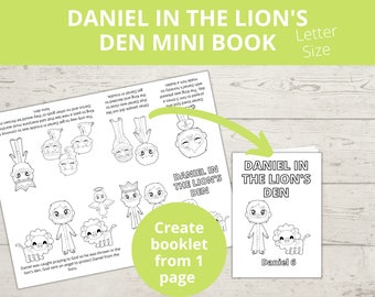 May include: A black and white printable mini book about Daniel in the Lion's Den. The book has a title page and several pages with illustrations to colour. The text on the cover reads "Daniel in the Lion's Den". The text on the last page reads "Daniel 6".