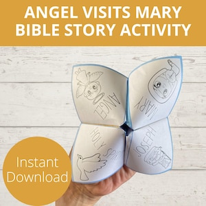 Può includere: Un'attività stampabile per i bambini per imparare la storia biblica dell'angelo che visita Maria. L'attività è un'attività di carta pieghevole con illustrazioni dell'angelo, Maria, Giuseppe e lo Spirito Santo.