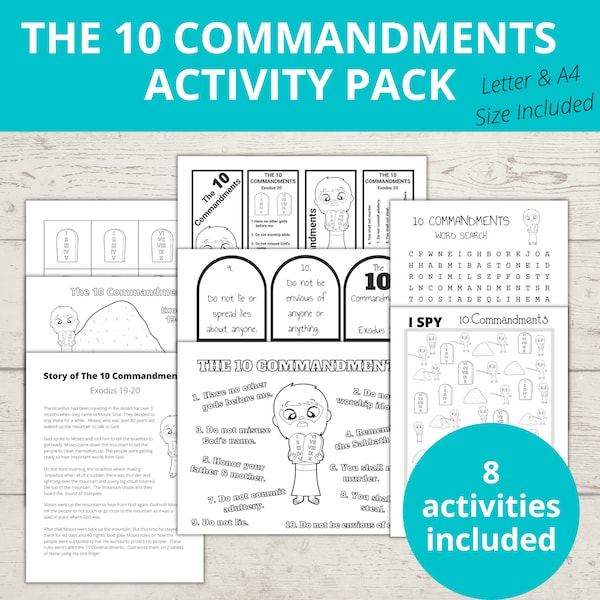 10 Commandments Bible Story Activities, Sunday school Craft, Activity Pack, Obedience to God, ISpy, Word Search, Bookmarks, A4 Size