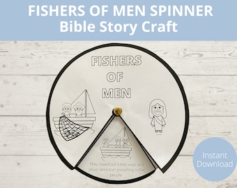 May include: Black and white printable spinner craft for kids. The spinner features a circle with the words "Fishers of Men" and illustrations of Jesus and fishermen in a boat. The text "They rowed out a little ways and Jesus carried on preaching to the people." is printed on the bottom of the spinner.