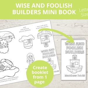Wise and Foolish Builders Sunday school craft, Bible Story Activity, Jesus Parable, Firm Foundation, Printable Mini Book, Homeschool craft