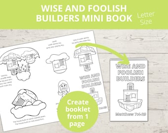 Wise and Foolish Builders Sunday school craft, Bible Story Activity, Jesus Parable, Firm Foundation, Printable Mini Book, Homeschool craft