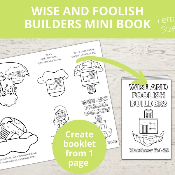 Wise and Foolish Builders Sunday school craft, Bible Story Activity, Jesus Parable, Firm Foundation, Printable Mini Book, Homeschool craft