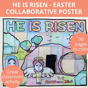 May include: A collaborative Easter poster with 30 pages to color. The poster features a colorful illustration of a tomb with the words "HE IS RISEN" and the scripture "Matthew 28:6".