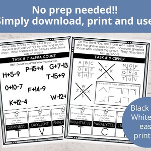May include: Black and white printable worksheets for kids. The worksheets feature two tasks: an alpha count and a cipher. The alpha count task instructs the user to add or subtract numbers from the letter's position in the alphabet. The cipher task instructs the user to solve a cipher by matching letters to numbers.