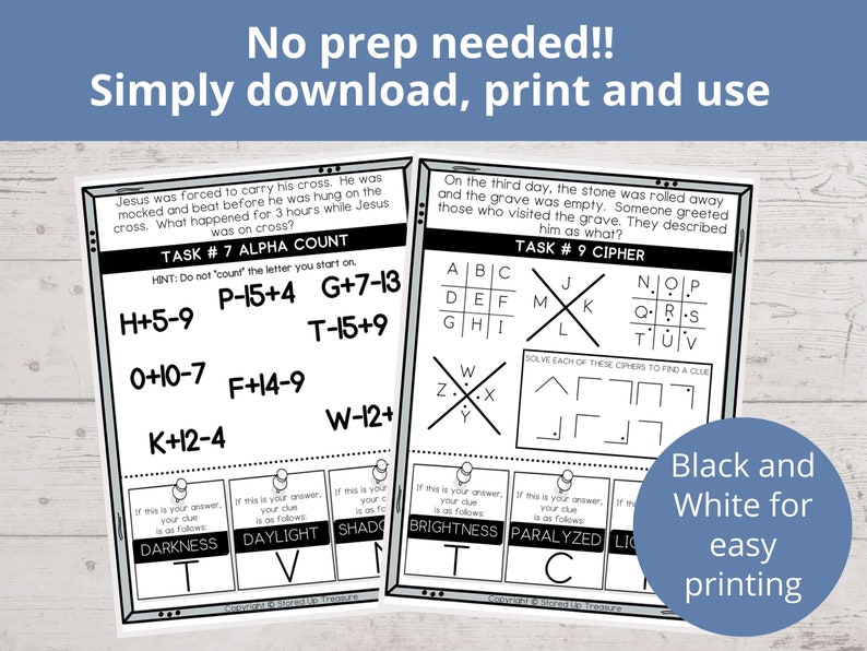 May include: Black and white printable worksheets for kids. The worksheets feature two tasks: an alpha count and a cipher. The alpha count task instructs the user to add or subtract numbers from the letter's position in the alphabet. The cipher task instructs the user to solve a cipher by matching letters to numbers.