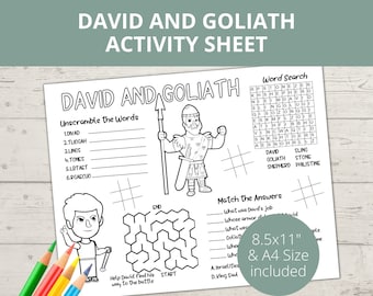 May include: A black and white printable activity sheet featuring a word search, a maze, and a word scramble. The sheet is titled "David and Goliath Activity Sheet" and includes the text "8.5x11" and "A4 Size included".