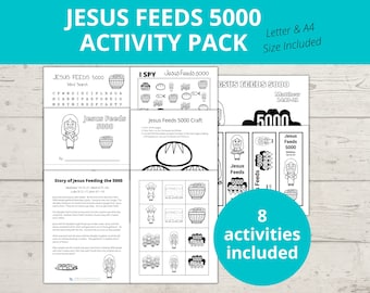 May include: A black and white printable activity pack for children featuring the story of Jesus feeding the 5000. The pack includes a word search, I Spy, craft, and colouring pages. The text "Jesus Feeds 5000" is included on the pages.