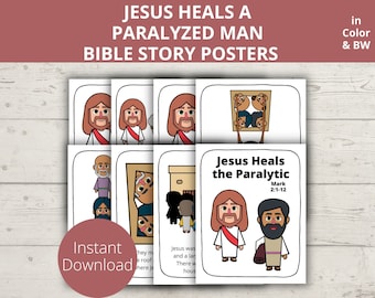 May include: A set of six black and white printable posters illustrating the Bible story of Jesus healing a paralyzed man. The posters feature simple cartoon illustrations and the text "Jesus Heals the Paralytic" and "Mark 2:1-12".