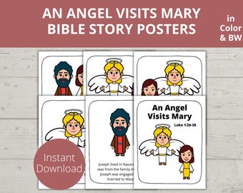May include: A set of Bible story posters titled "An Angel Visits Mary" in color and black and white. The illustrations depict angels, Mary, and Joseph in a cartoon style. The posters are available for instant download.