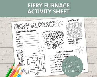 May include: Black and white printable activity sheet for children featuring a word search, a maze, and an unscramble the words puzzle. The theme is the biblical story of Shadrach, Meshach, and Abednego in the fiery furnace. The sheet includes the text "Fiery Furnace Activity Sheet".