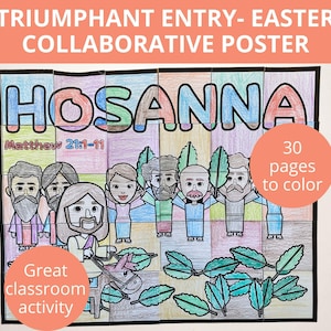 Op de afbeelding: Een gezamenlijke poster voor een paasactiviteit in de klas. De poster toont een kleurrijke illustratie van mensen die palmtakken dragen en het woord "HOSANNA" met de bijbelverwijzing "Mattheüs 21:1-11". De poster is verdeeld in 30 afzonderlijke vierkanten om in te kleuren.