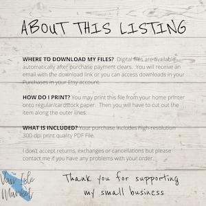 May include: A digital download listing for a printable craft project. The text reads "ABOUT THIS LISTING", "WHERE TO DOWNLOAD MY FILES?", "HOW DO I PRINT?", "WHAT IS INCLUDED?", "Thank you for supporting my small business", and "Van Isle Market".