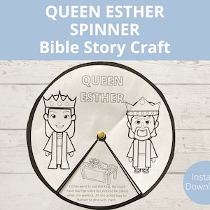Op de afbeelding: Een zwart-witte printbare koningin Esther spinner-knutsel. De spinner heeft illustraties van koningin Esther en koning Ahasveros. De tekst op de spinner luidt "Koningin Esther".