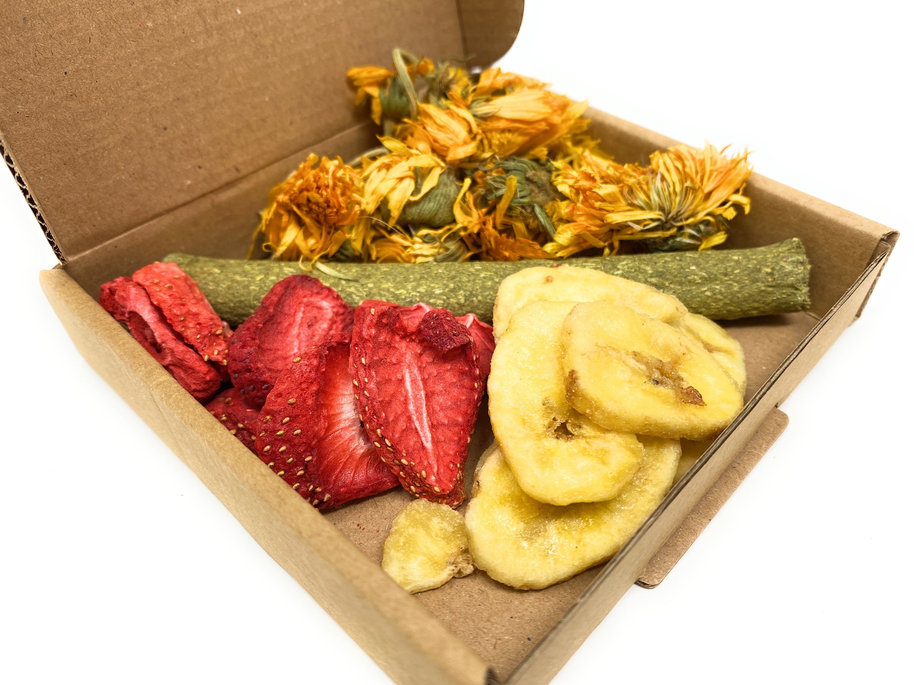 Treats Selection Gift Box - Strawberries, Marigolds, Banana & Hay Stick