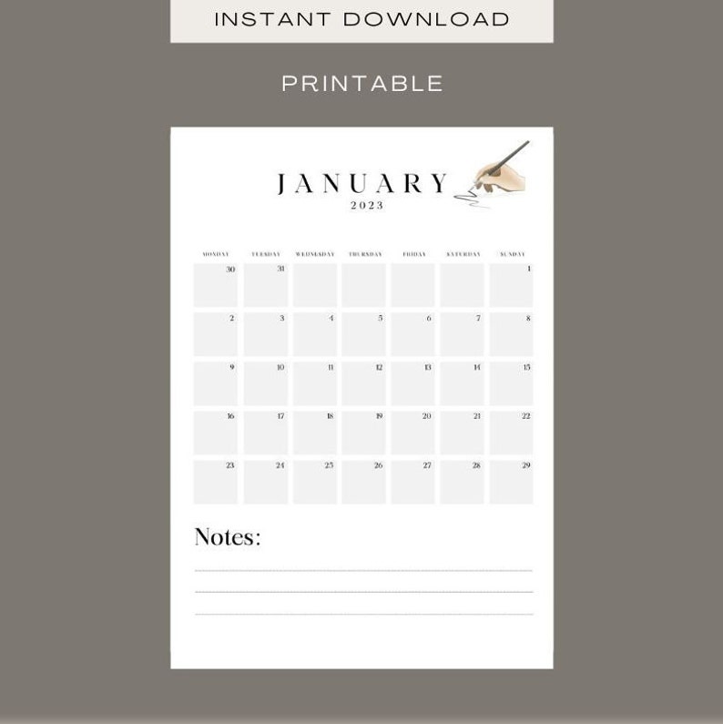 2023-printable-black-white-calendar-2023-simple-calendar-etsy
